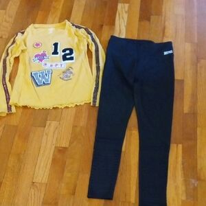 Yellow Graphic Long Sleeve Top sequin accent and Black Leggings Set girl Large